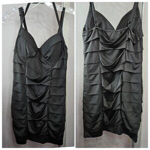 XXI Mini Body Con Dress M Black Layered Ruffle Adjust Shoulder Halter Padded Cup